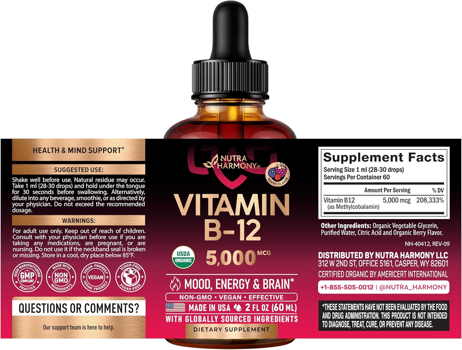 Vitamina B12 Orgánica Gotas Sublinguales - 5000 mcg Metilcobalamina Vegano - 60 ml