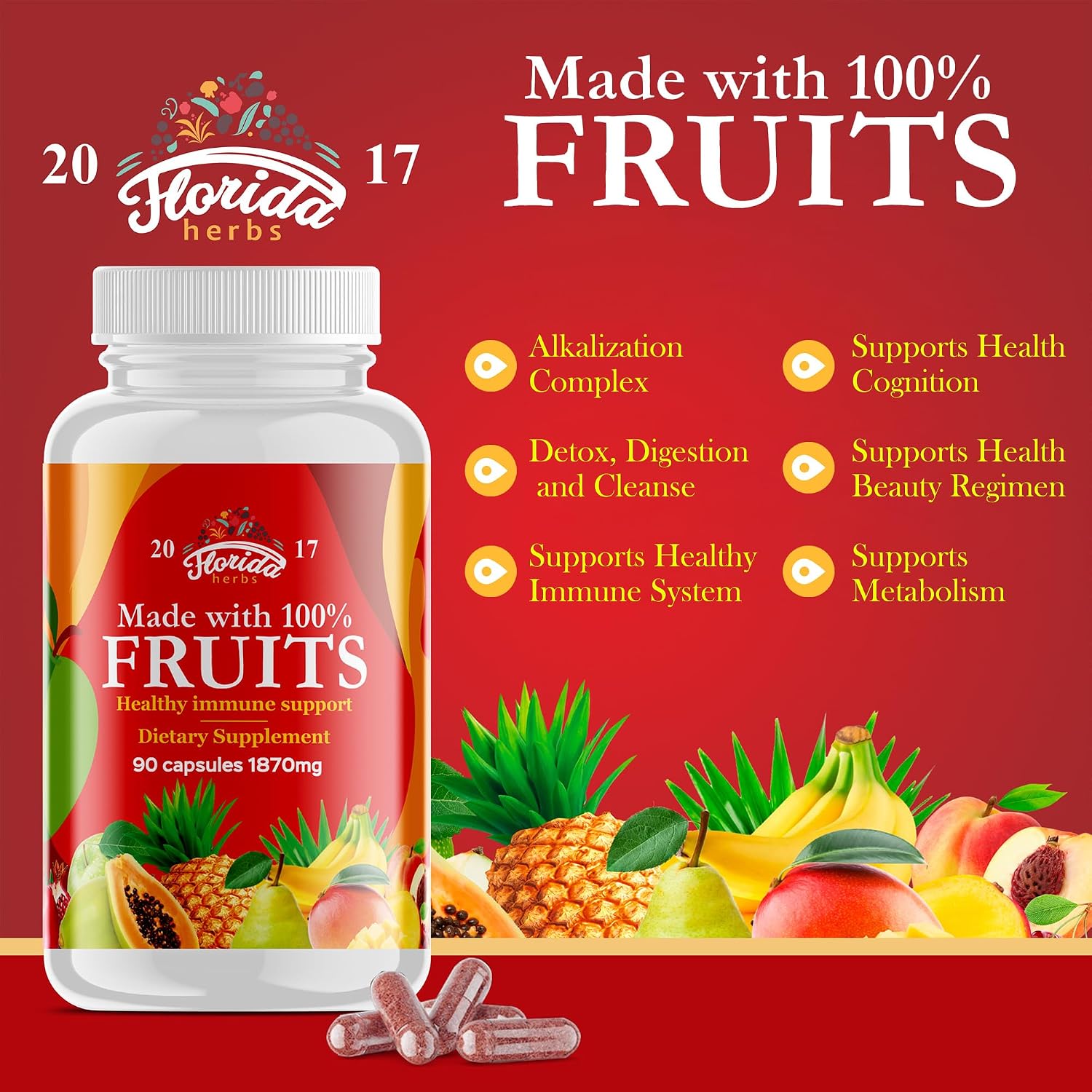 Suplemento de Frutas y Verduras - 90 Cápsulas de Fruta y 90 Cápsulas de Verdura - Vitaminas Naturales, Sin Soja, Vegano - 180 Cápsulas
