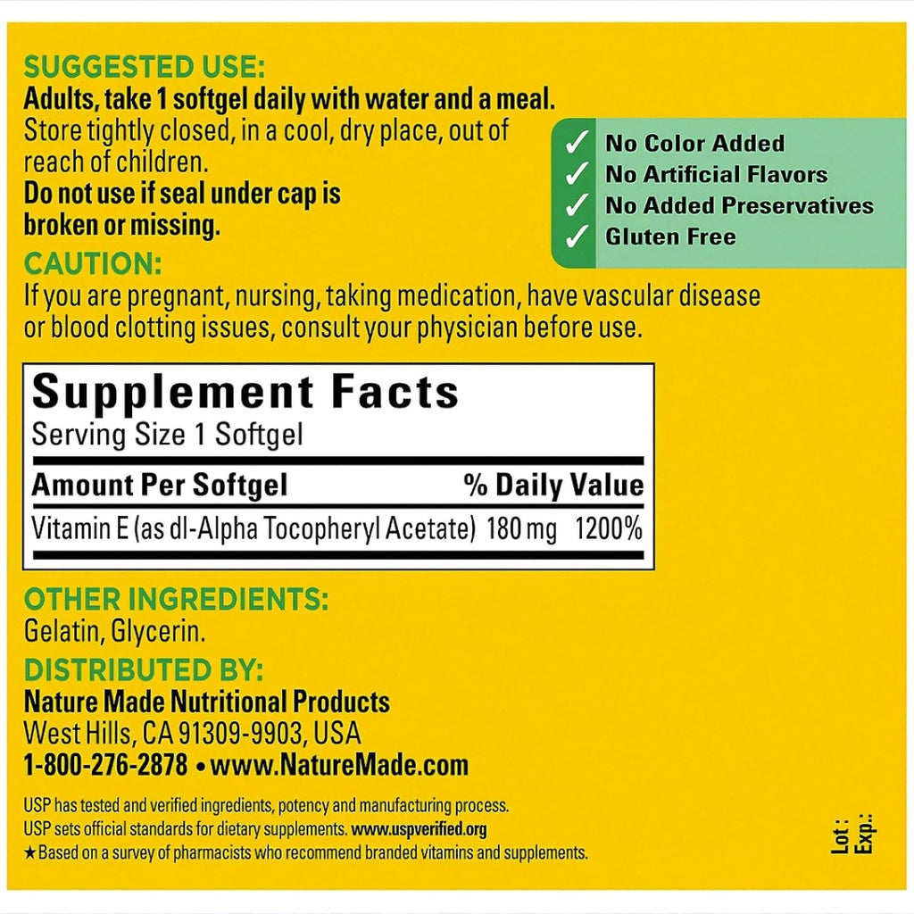 Nature Made Vitamina E 400 UI 180 mg, 350 Cápsulas + 2 Sobres de Hidratación Sin Azúcar Sabor Melocotón Blanco