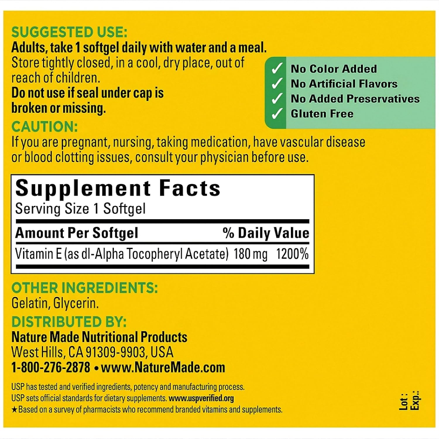 Nature Made Vitamina E 400 UI 180 mg, 350 Cápsulas + 2 Sobres de Hidratación Sin Azúcar Sabor Melocotón Blanco