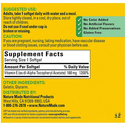 Nature Made Vitamina E 400 UI 180 mg, 350 Cápsulas + 2 Sobres de Hidratación Sin Azúcar Sabor Melocotón Blanco – Image 5
