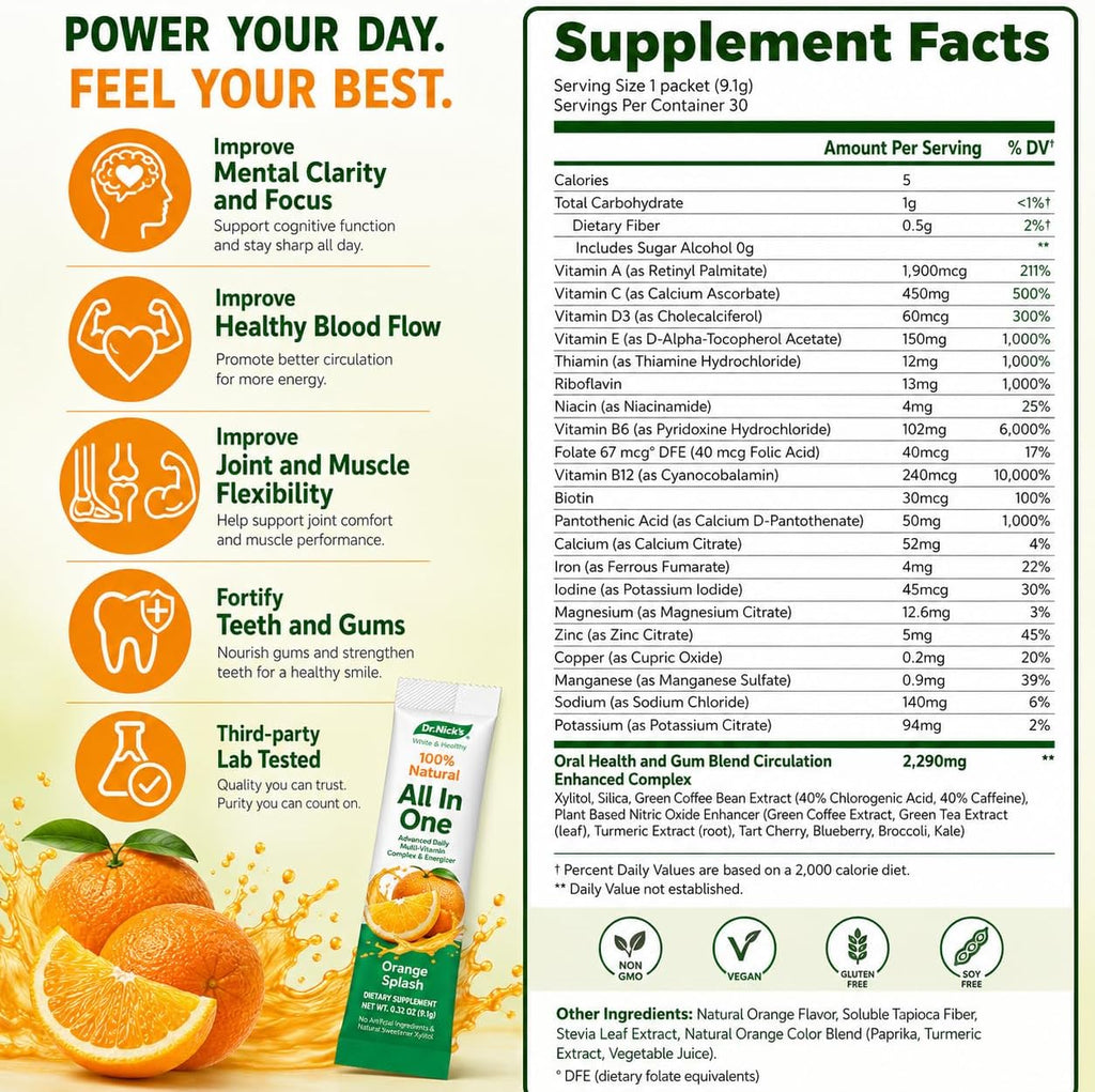 Dr. Nick's Multivitamin Powder for Women and Men, 30 Pack, Orange Splash