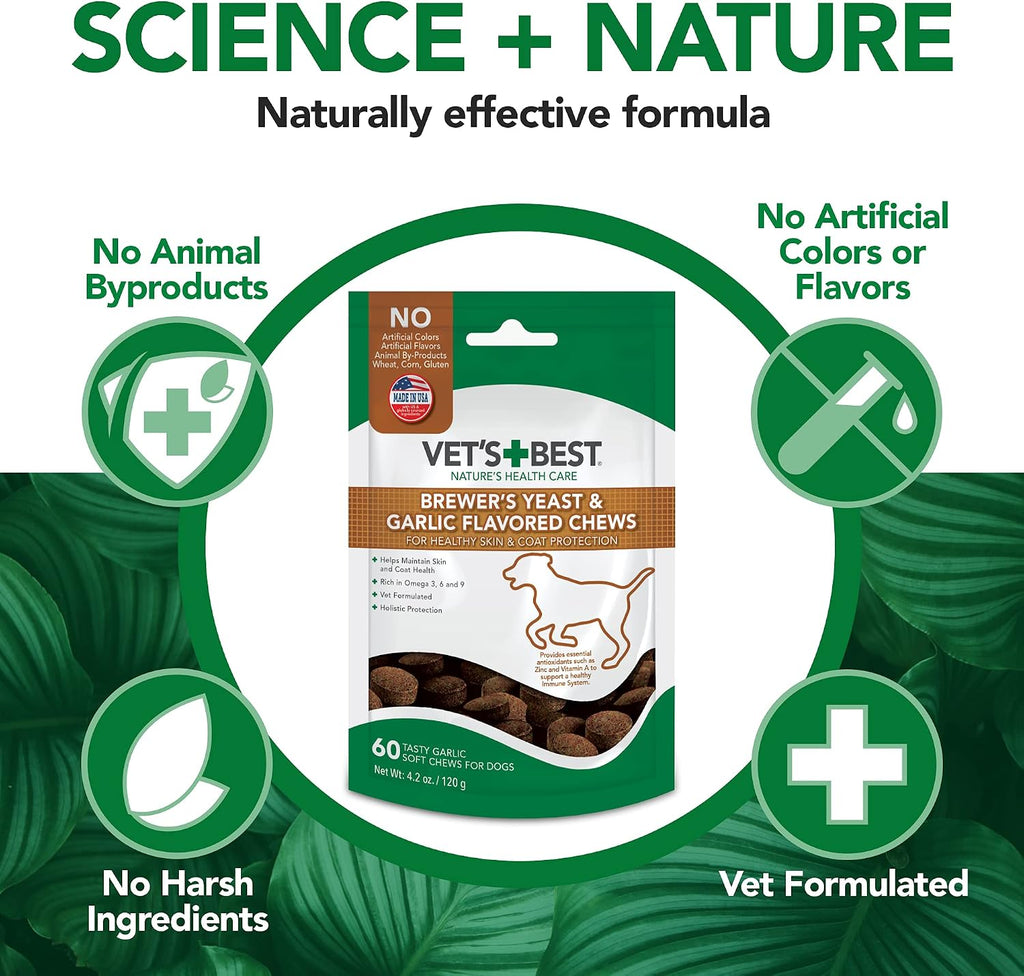 Vet's Best Snacks Masticables con Levadura de Cerveza y Ajo, Omega 3 para Perros, 60 unidades