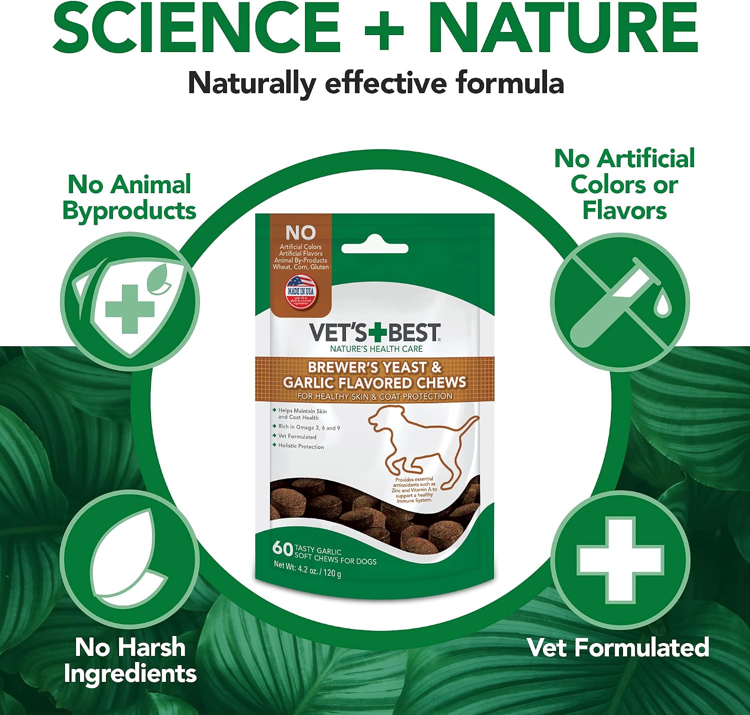 Vet's Best Snacks Masticables con Levadura de Cerveza y Ajo, Omega 3 para Perros, 60 unidades