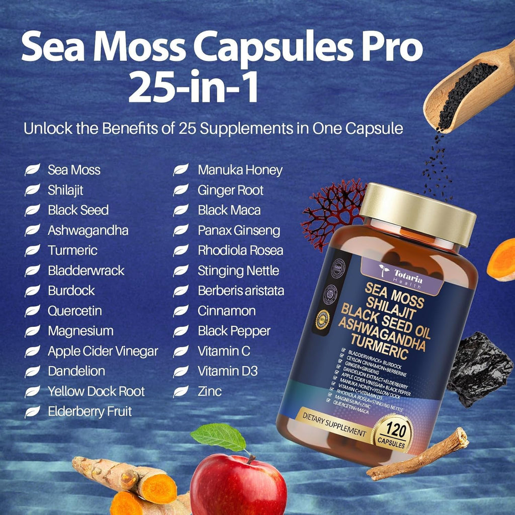 Suplemento 25-en-1 de Musgo de Mar, Aceite de Semilla Negra, Ashwagandha, Jengibre y Shilajit - 120 Cápsulas Veganas