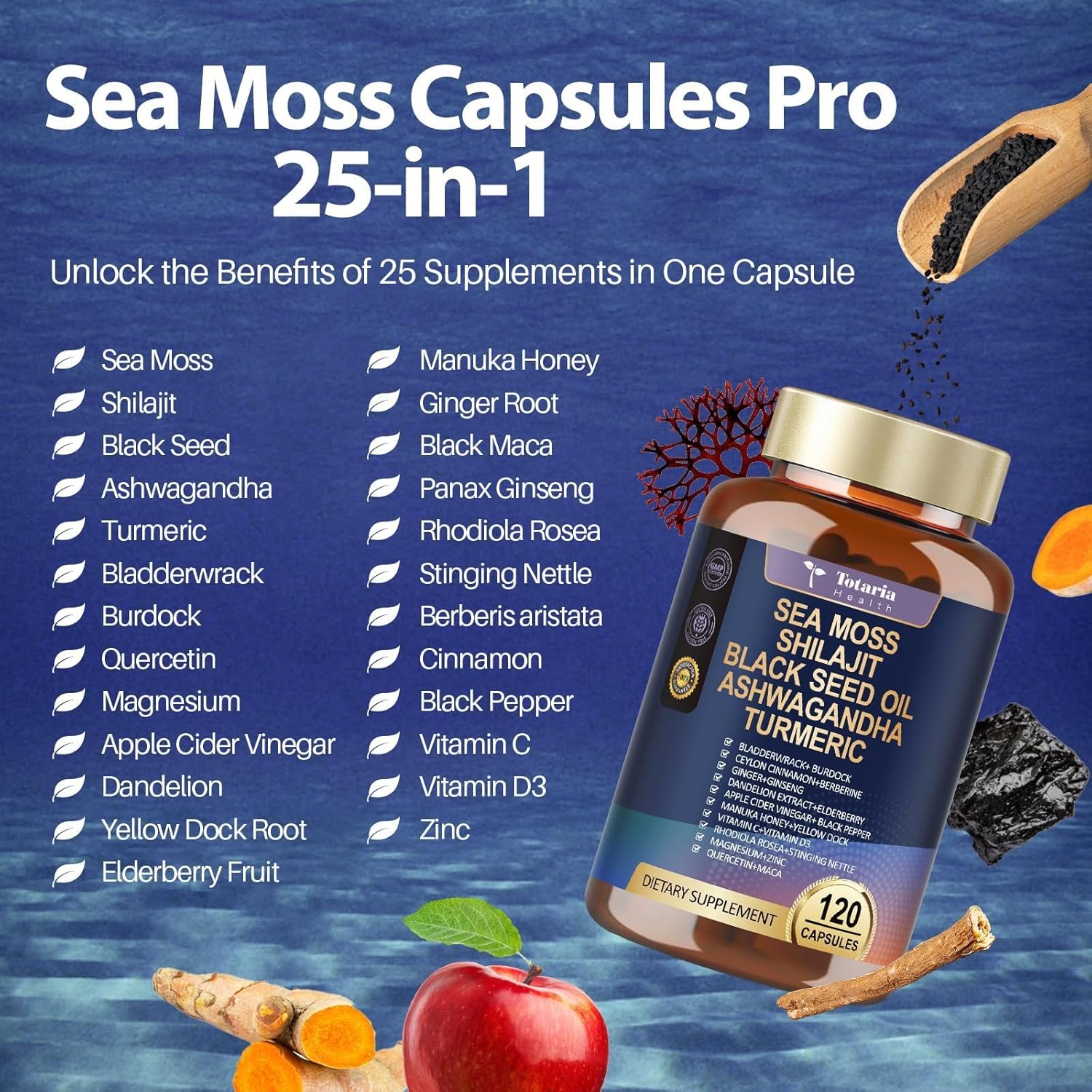 Suplemento 25-en-1 de Musgo de Mar, Aceite de Semilla Negra, Ashwagandha, Jengibre y Shilajit - 120 Cápsulas Veganas