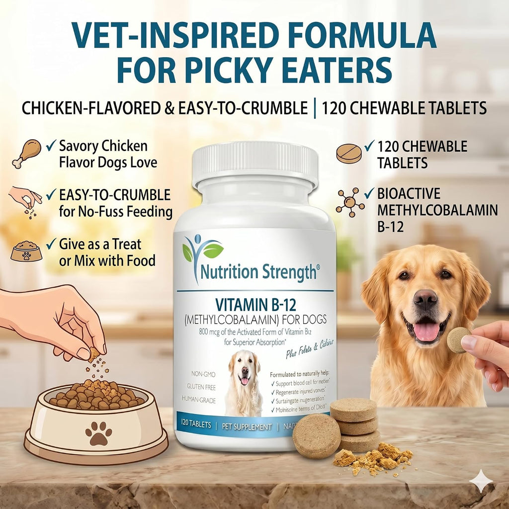 Nutrition Strength Vitamina B12 para Perros con Folato y Calcio - 120 Comprimidos Masticables