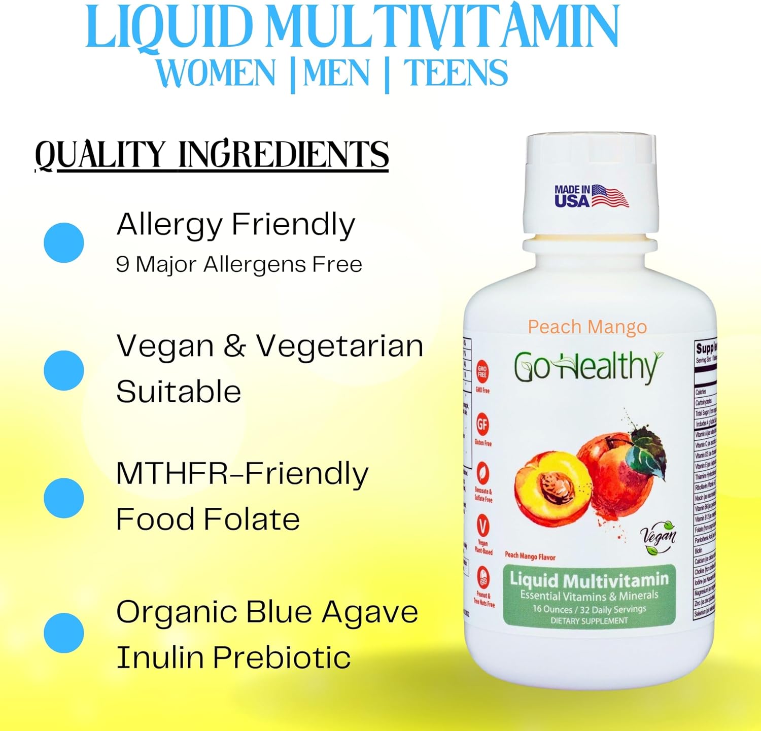 Go Healthy Complete Liquid Multivitamin | Vegan | 32 Doses | Mango and Peach Flavor