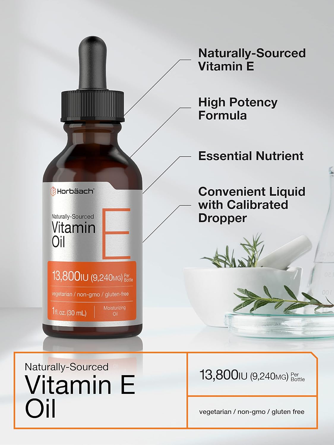 Horbäach Aceite de Vitamina E, 13,800 UI, 28 ml (1 oz) - Suplemento Líquido Natural, Vegetariano, Sin OGM y Sin Gluten