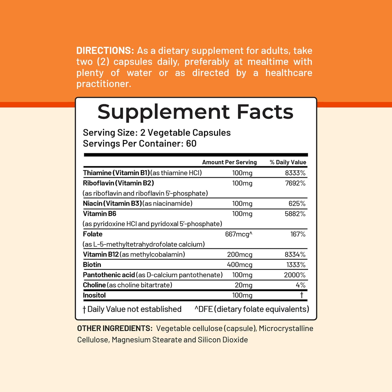Vitamin B Complex – Complejo B Activo con B1, B2, B3, B6, B12, Folato, Biotina, Ácido Pantoténico e Inositol – 60 Cápsulas