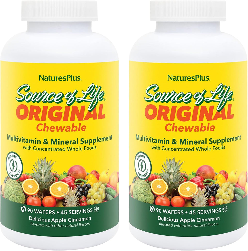NaturesPlus Source of Life Adult's Chewable Multivitamínico, Manzana Canela - 90 Wafers (2 Paquetes)
