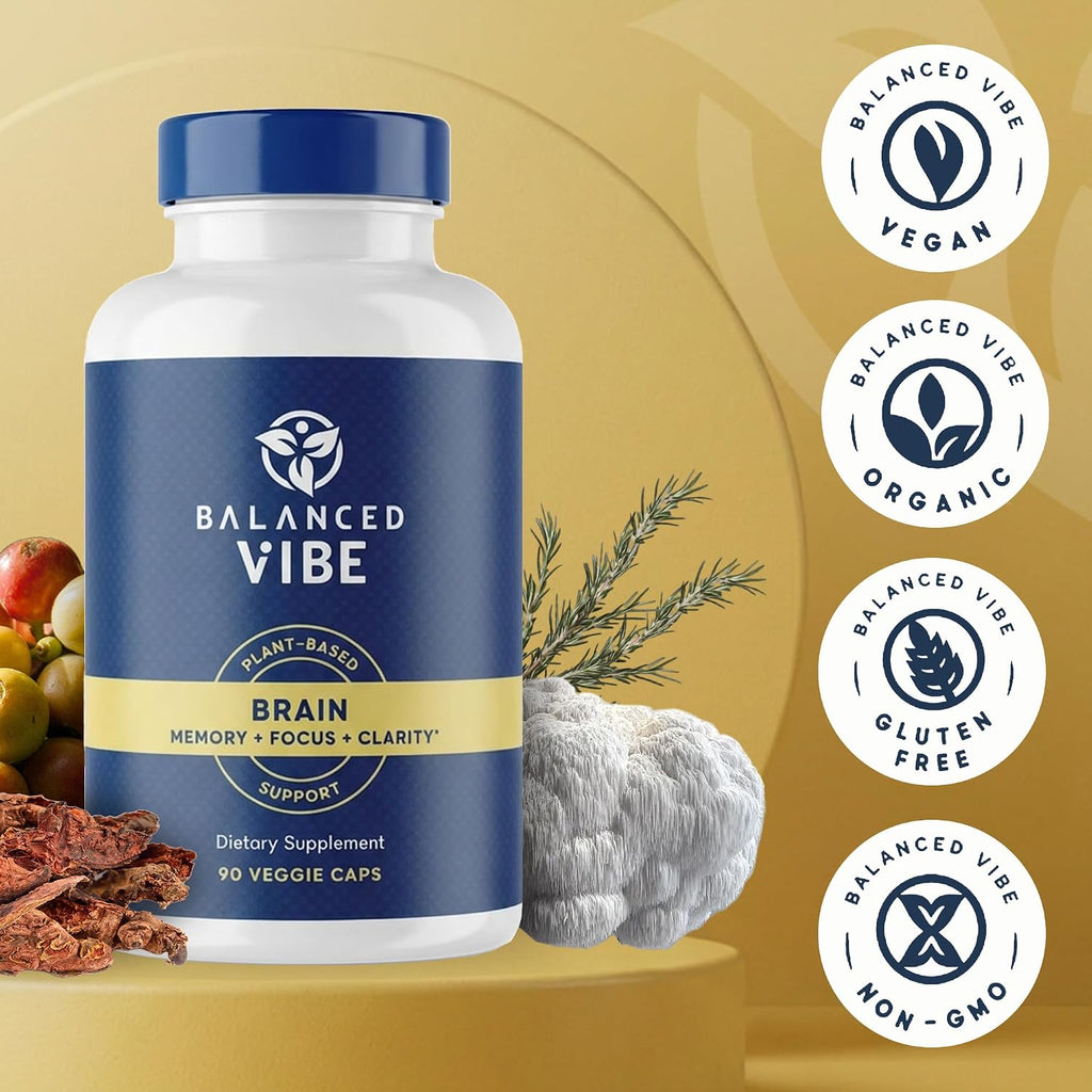 Balanced Vibe Brain Supplement 8 in 1 con Lion's Mane, Bacopa, Rhodiola, Ginkgo para Memoria, Enfoque y Claridad Mental, Sin Estimulantes, Vegano, 90 Cápsulas