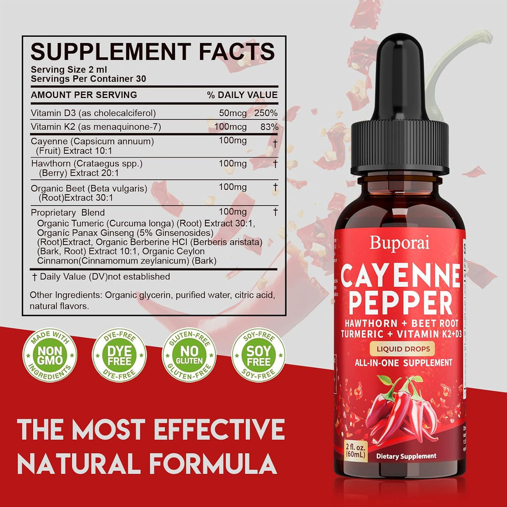 Buporai Gotas de Cayena, Extracto Líquido de Cayena para el Bienestar General, 60 ml, con Vitamina D3 K2 y Remolacha