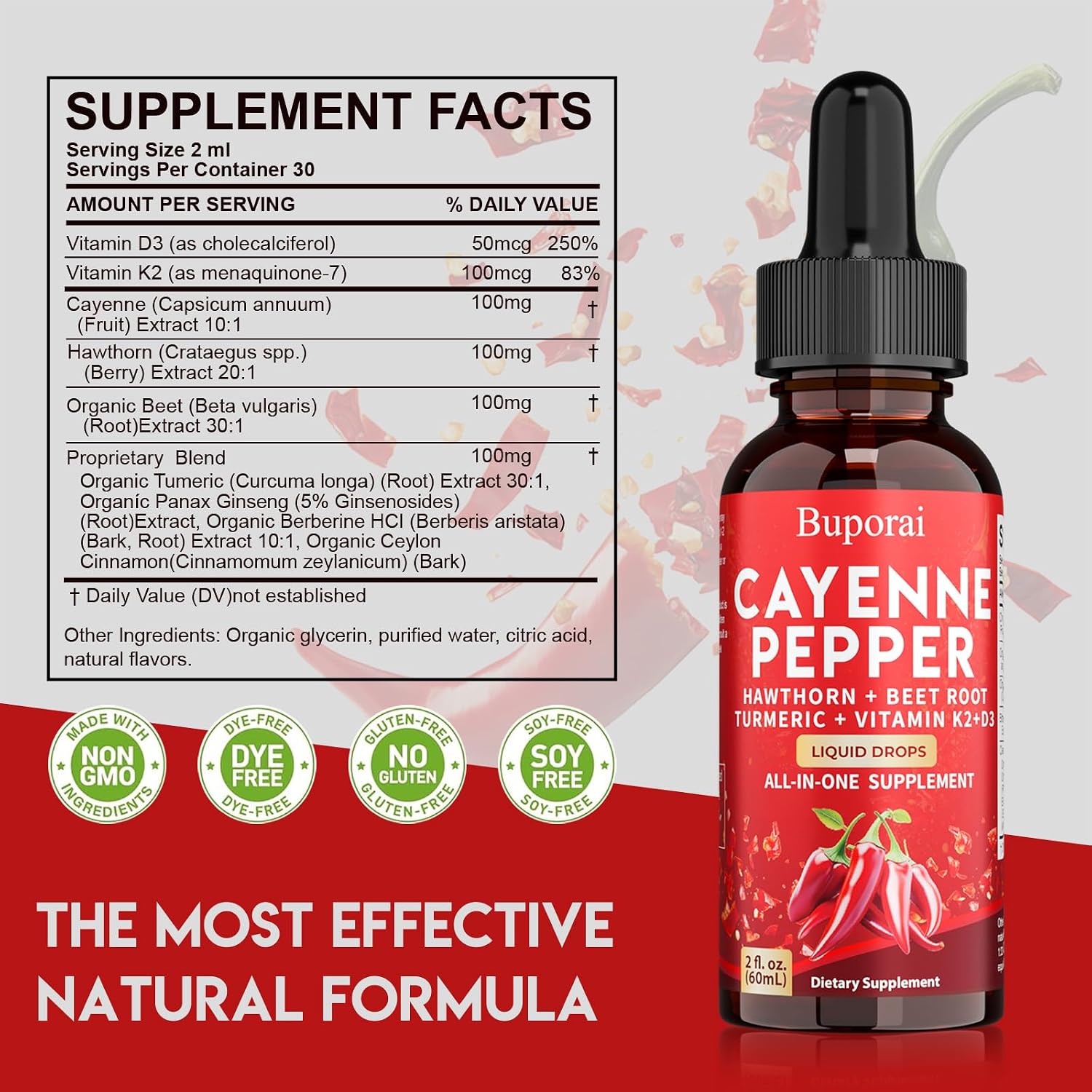 Buporai Gotas de Cayena, Extracto Líquido de Cayena para el Bienestar General, 60 ml, con Vitamina D3 K2 y Remolacha