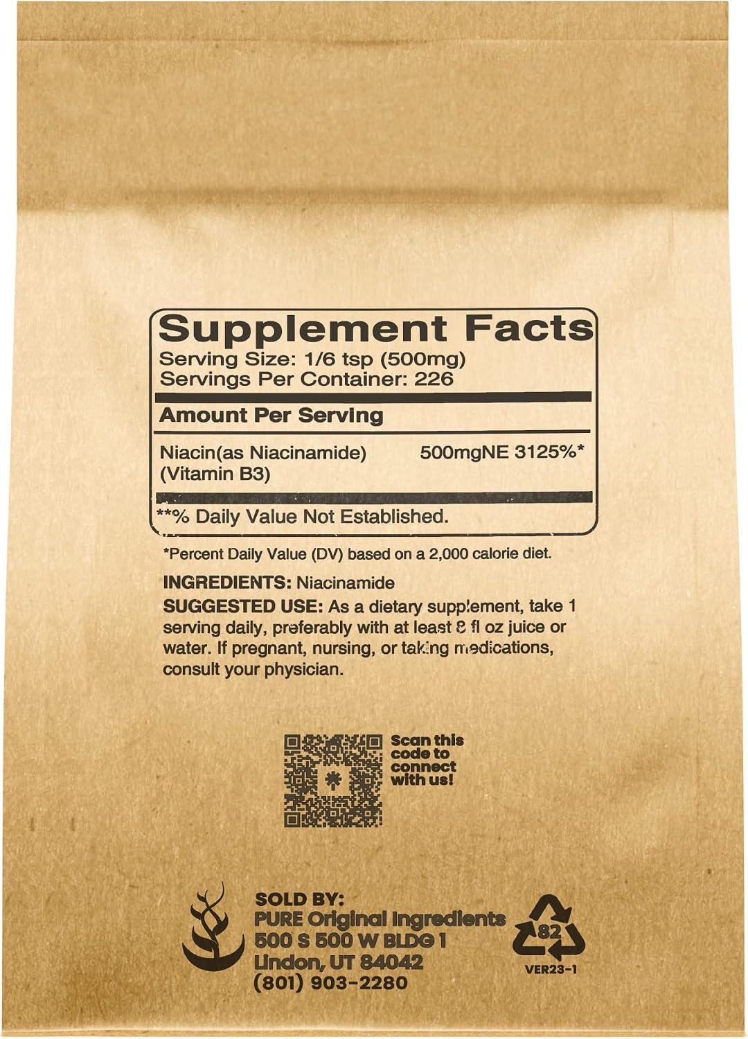 Pure Original Ingredients Niacinamida Pura 4oz (113g) - Sin Enrojecimiento, Sin Gluten, Sin Aditivos