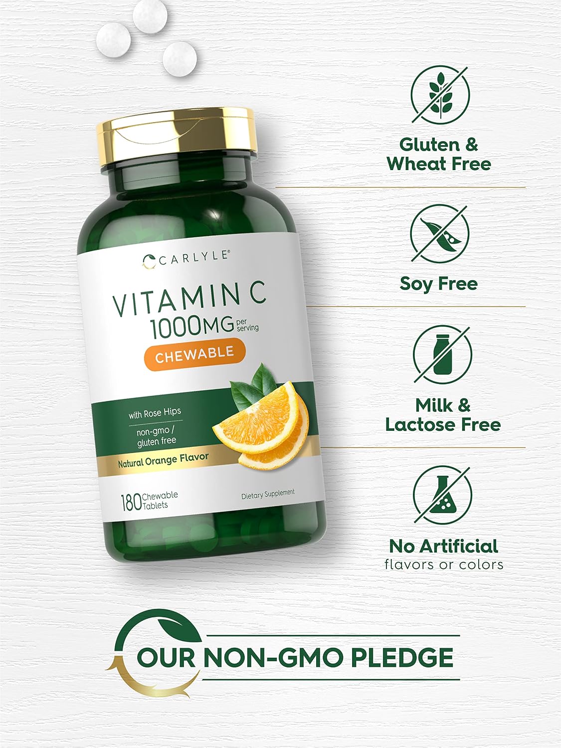 Carlyle Vitamina C Masticable | 1000 mg | 180 Comprimidos | Vegetariano, Sin Gluten, No-GMO