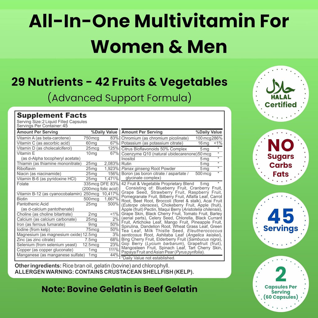 SHIFAA NUTRITION Multivitamínico Halal para Mujeres y Hombres – Apoyo Integral para el Corazón, Cerebro, Ojos y Sistema Inmunitario – Sin Gluten, Lácteos ni Huevo (45 Días)