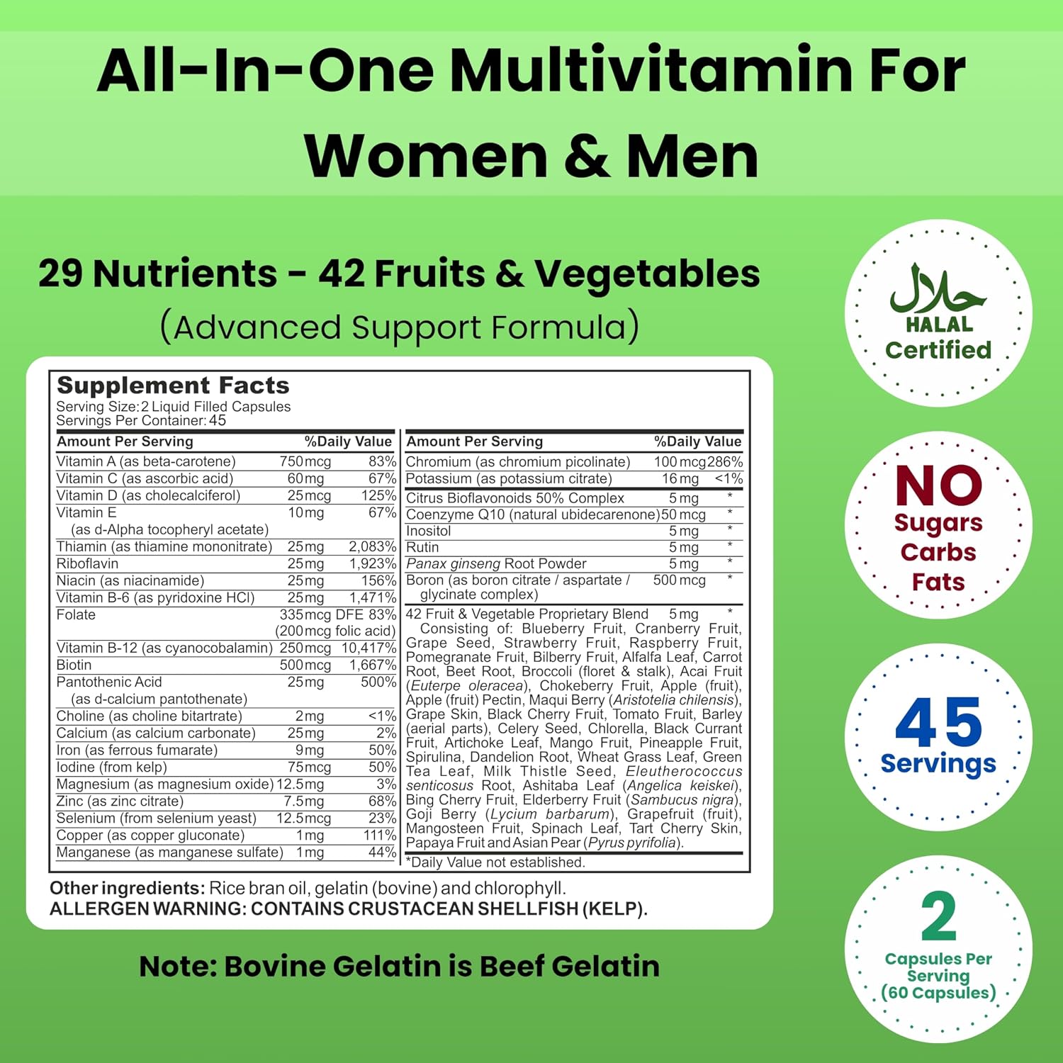 SHIFAA NUTRITION Multivitamínico Halal para Mujeres y Hombres – Apoyo Integral para el Corazón, Cerebro, Ojos y Sistema Inmunitario – Sin Gluten, Lácteos ni Huevo (45 Días)