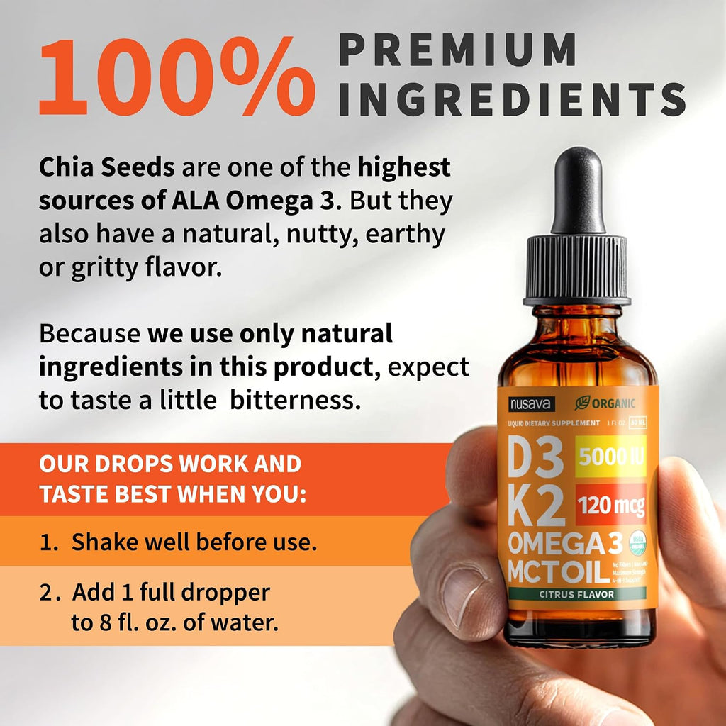(2 Pack) Organic Vitamin D3 K2 Drops with MCT Oil & Omega 3 - Liquid Vitamin D3 5000 IU - K2 D3 Vitamin Supplement - Vitamin D Drops for Women & Men - No Fillers, Non-GMO, GMP, Citrus Flavor (2 Fl Oz)