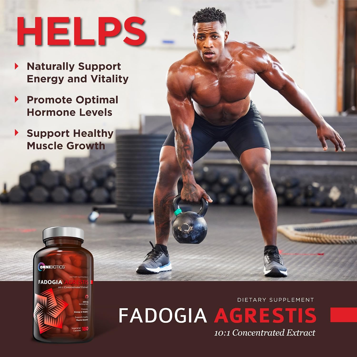 OmniBiotics Fadogia Agrestis 600mg por ración (180 cápsulas) - Extracto estandarizado 10:1 para apoyo muscular y rendimiento deportivo
