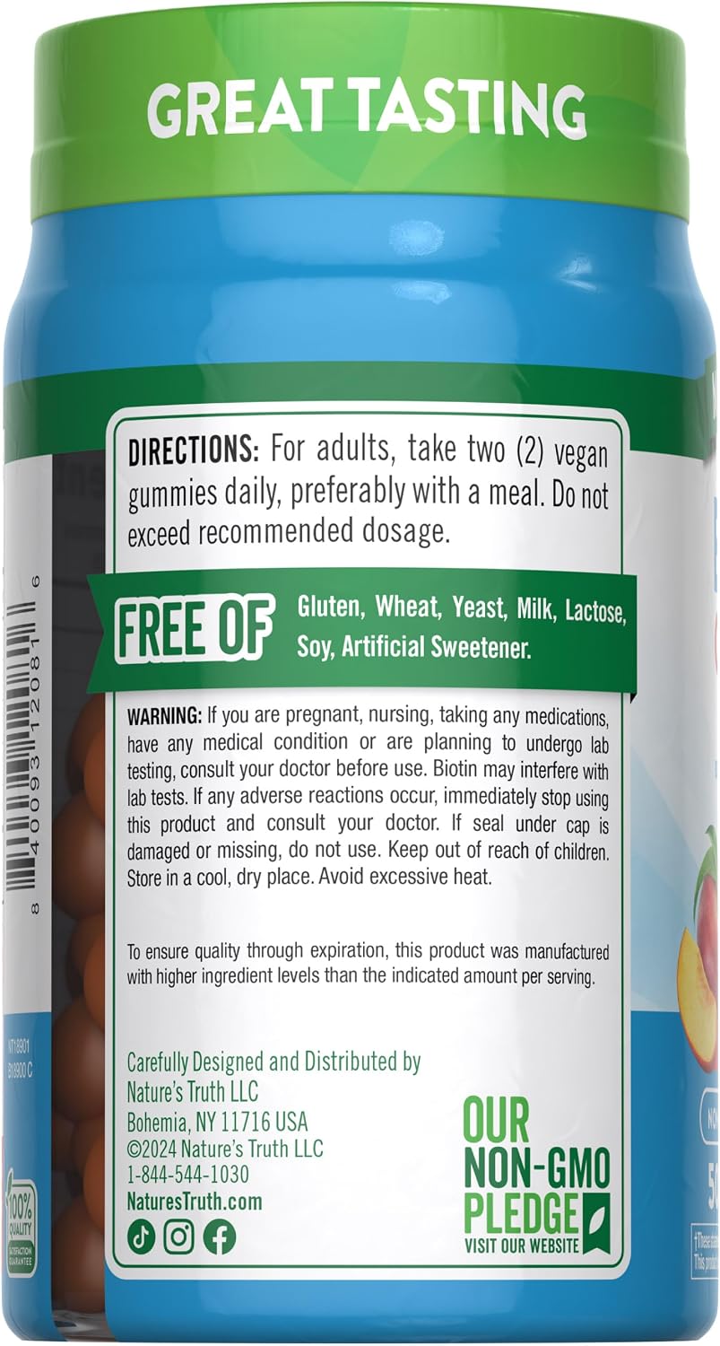Nature's Truth Gominolas de Biotina 10000mcg | 50 Unidades | Vegano, Sin Gluten, Sabor Melocotón