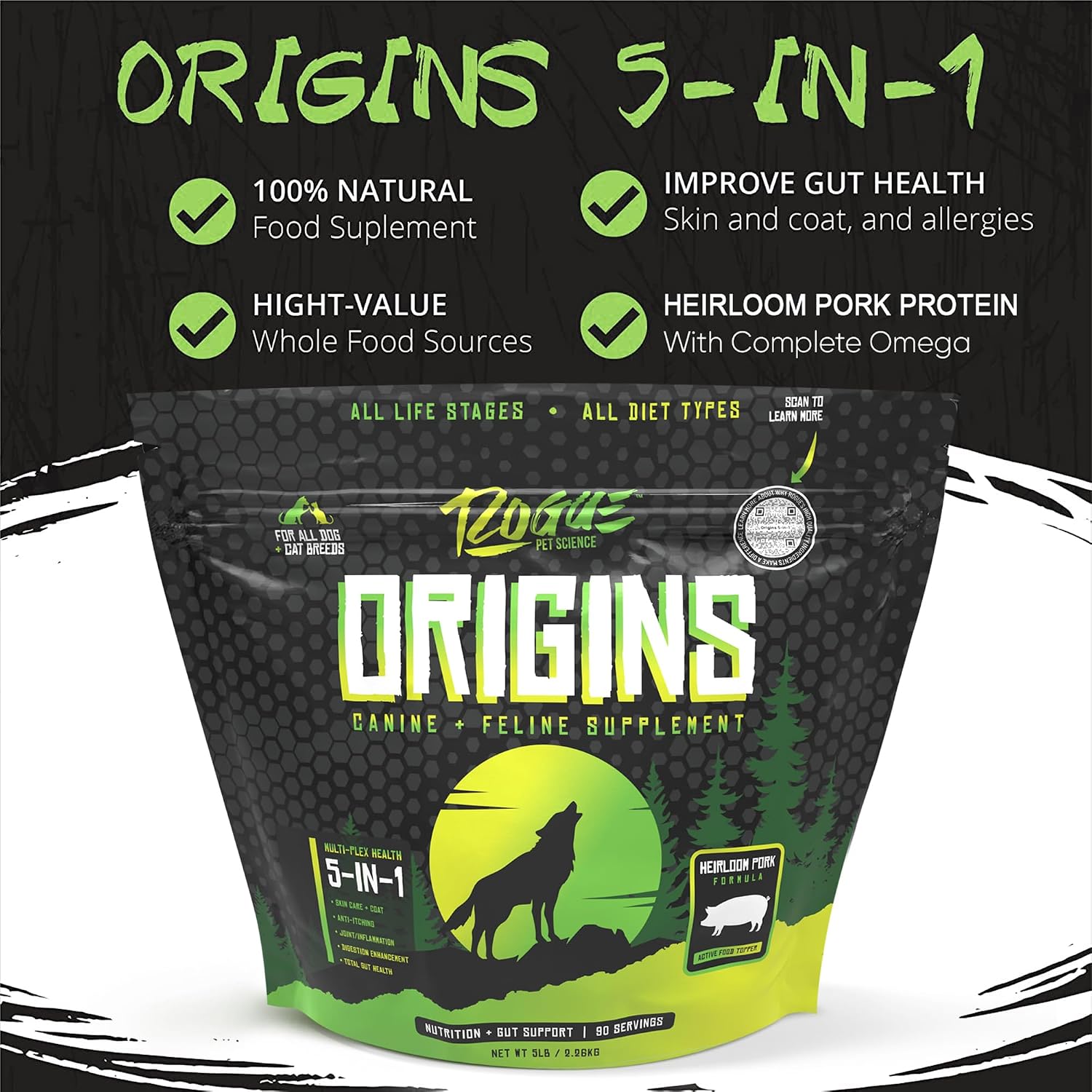 Orígenes 5-en-1 Suplemento para Perros - Topper en Polvo con Proteína de Cerdo - 2.27 kg