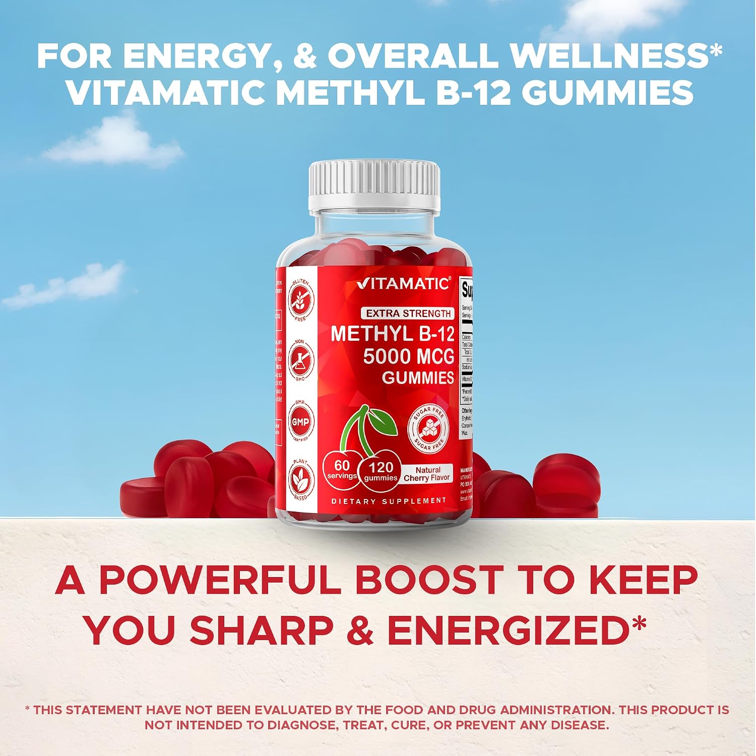 Vitamatic Vitamina B12 5000 mcg (Metilcobalamina) Gominolas - 120 unidades - Apoyo al Metabolismo Energético y Salud del Sistema Nervioso, Sabor Natural a Cereza