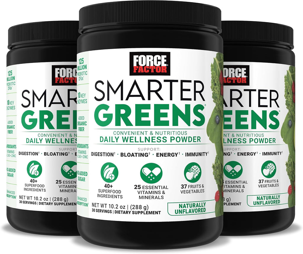Force Factor Smarter Greens Polvo Diario de Bienestar 3-Pack para Apoyar Energía, Inmunidad y Digestión, Polvo de Superalimentos con Vitaminas, Minerales y Probióticos, Sin Sabor, 90 Servicios