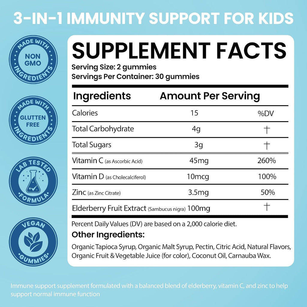 Gominolas de Saúco para Niños con Vitamina C y Zinc - Apoyo Inmunológico Diario - 60 Gominolas