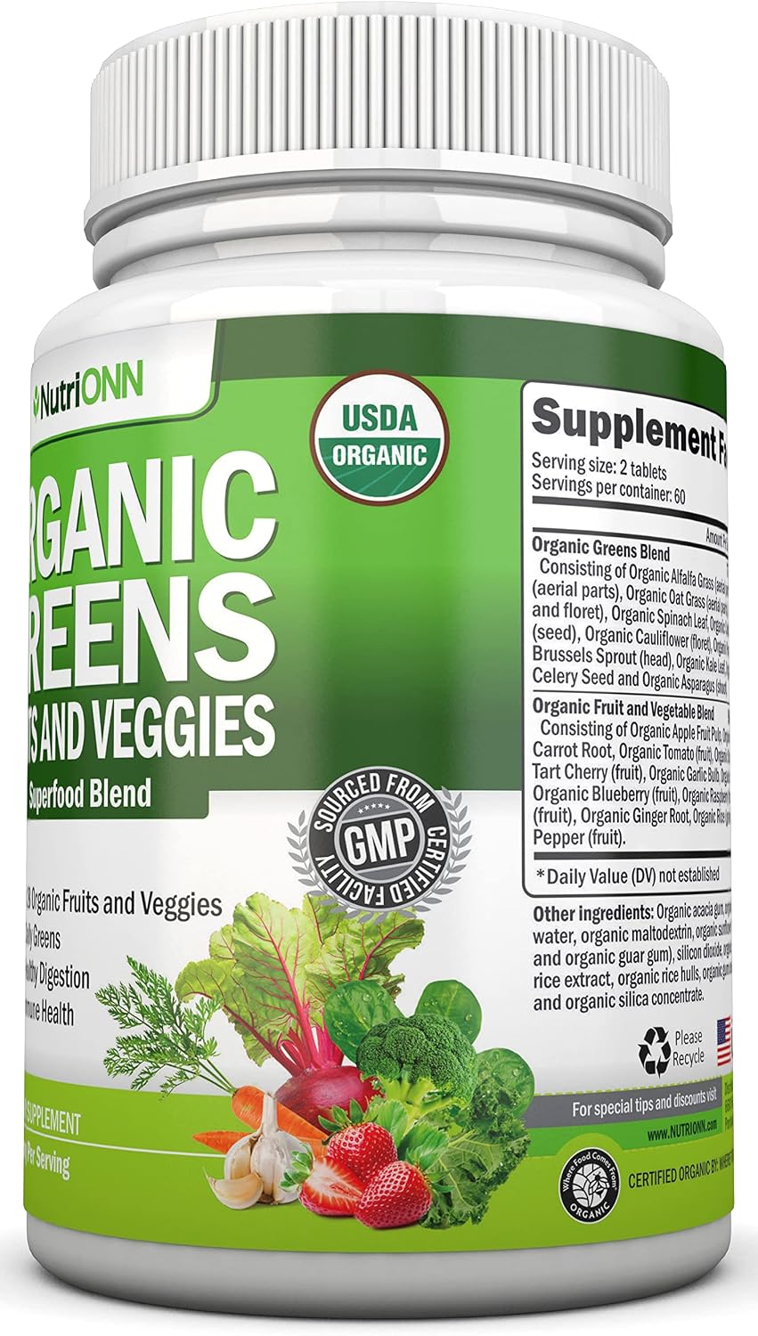 NutriONN Cápsulas de Super Greens Orgánicas - 120 Cápsulas - Suplemento de Frutas y Verduras Ecológicas