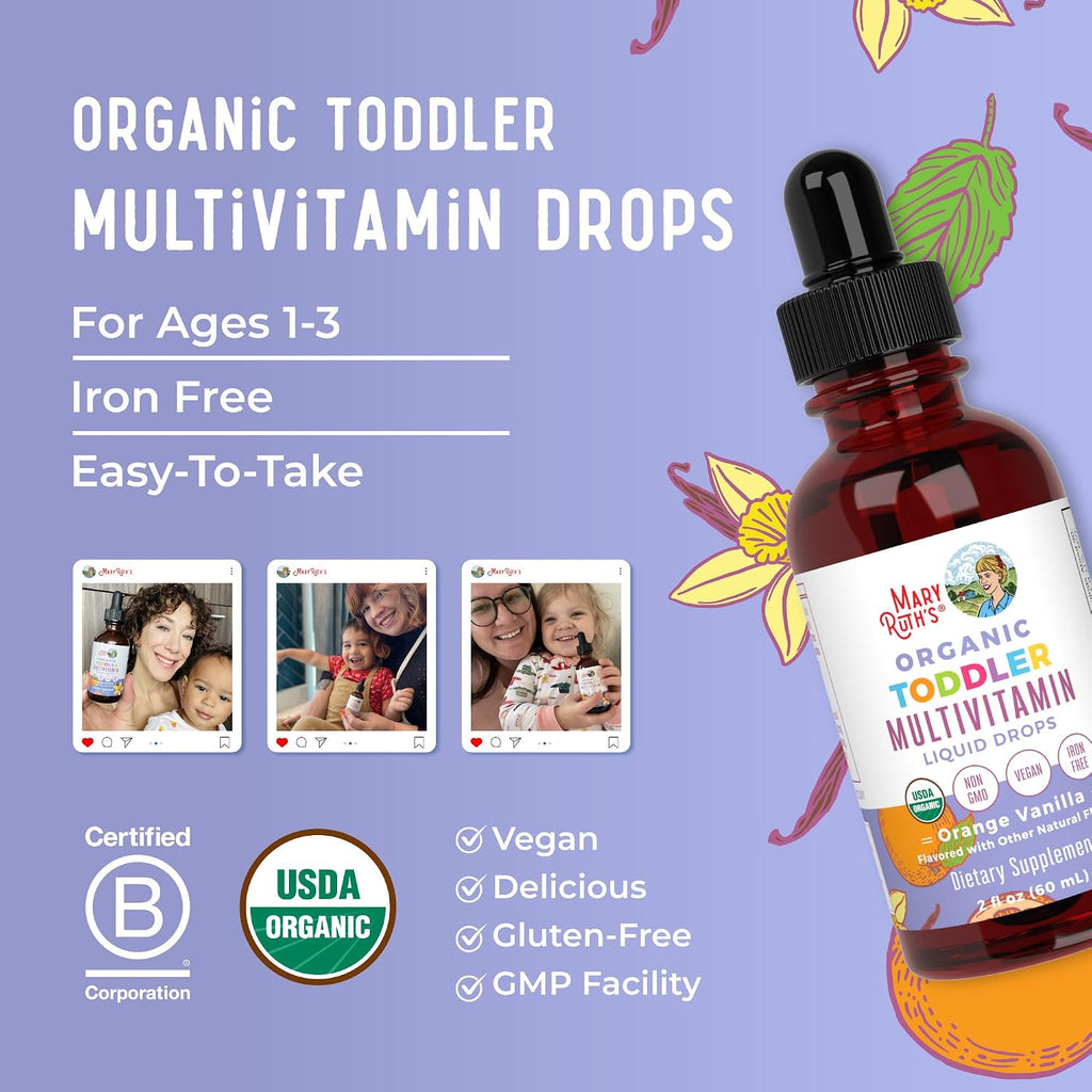 MaryRuth's Multivitamínico para Niños Pequeños | Vitaminas A C D E B6 B12 Zinc | Crecimiento Saludable | Inmunidad | Huesos | Función Cognitiva | Orgánico | Sin Azúcar | Vegano | No-GMO | 2 Fl Oz | 30 Días