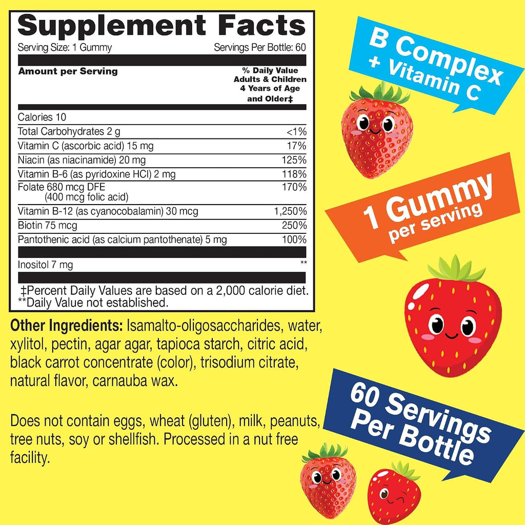 WellYeah Complejo B Infantil Gomitas Sin Azúcar con Vitamina C y Ácido Fólico - Sabor Fresa - 60 unidades
