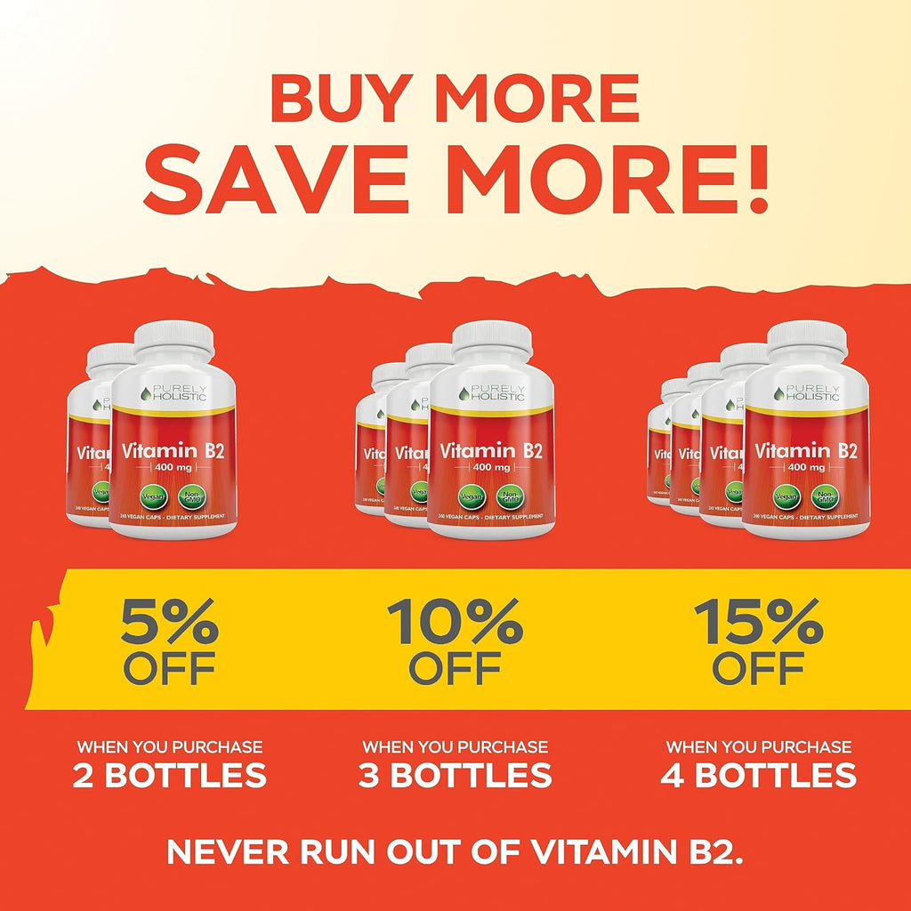 Purely Holistic Vitamina B2 Riboflavina 400mg - 240 Cápsulas Veganas, Suministro para 8 Meses - Alta Potencia - No OGM y Sin Gluten - Apoya la Producción de Energía y la Salud Celular