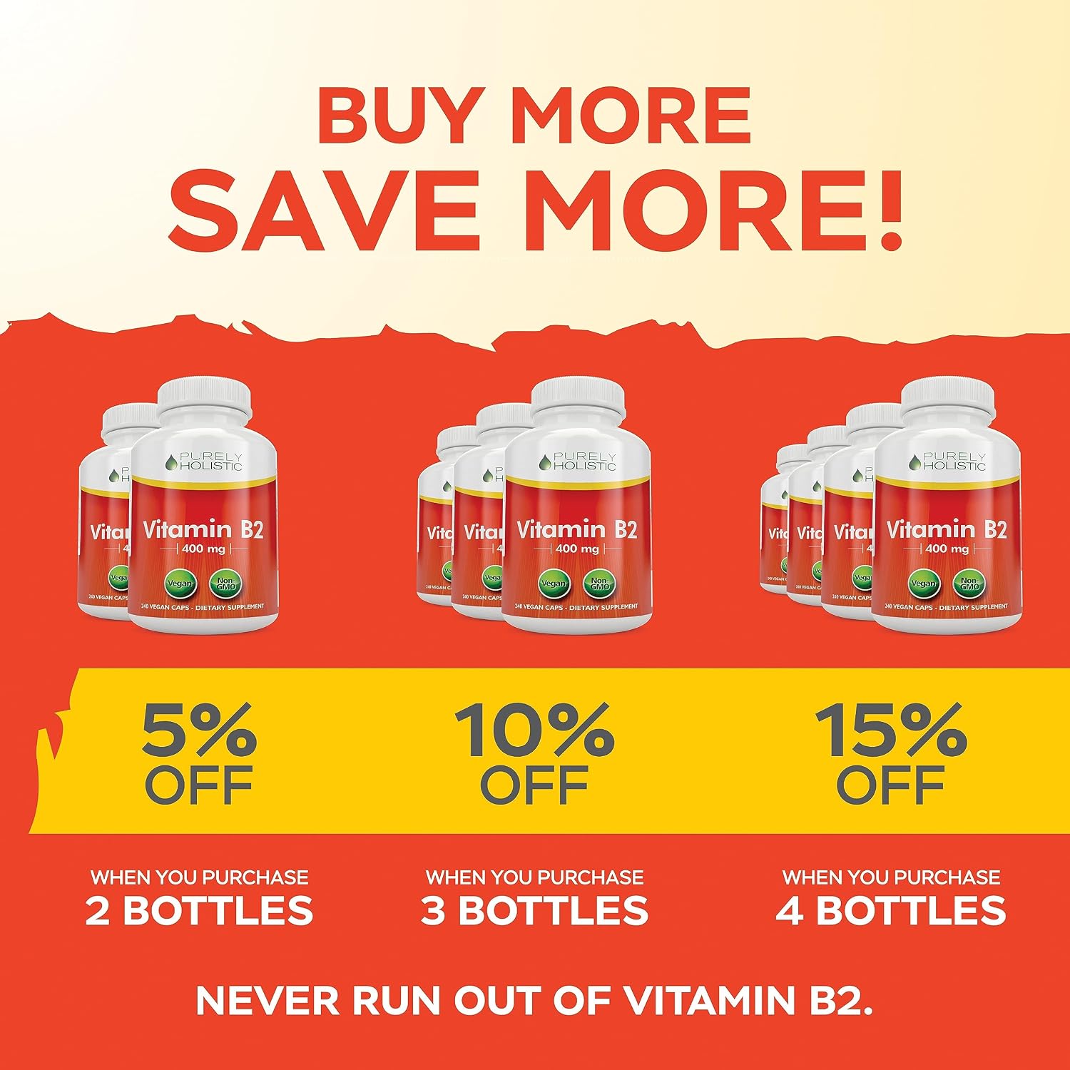 Purely Holistic Vitamina B2 Riboflavina 400mg - 240 Cápsulas Veganas, Suministro para 8 Meses - Alta Potencia - No OGM y Sin Gluten - Apoya la Producción de Energía y la Salud Celular