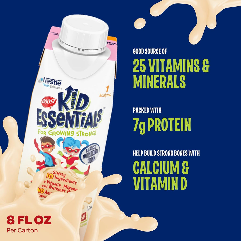BOOST Kid Essentials 1.0kcal Bebida Nutricional Equilibrada para Niños, Sabor Fresa, 8 fl oz (Pack de 24)