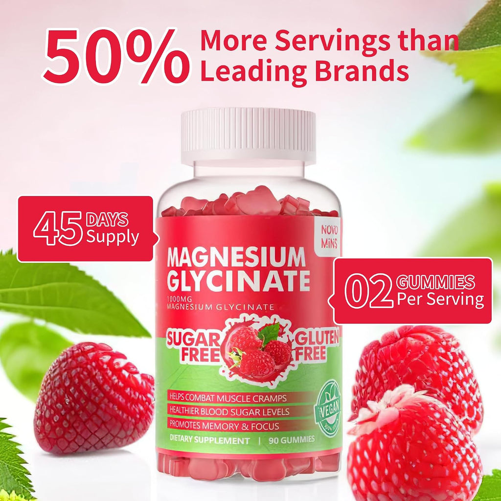 Gominolas de Magnesio Glicinato 1000mg - Sin Azúcar, con Vitamina D, B6 y CoQ10 - 90 Gominolas Sabor Frambuesa
