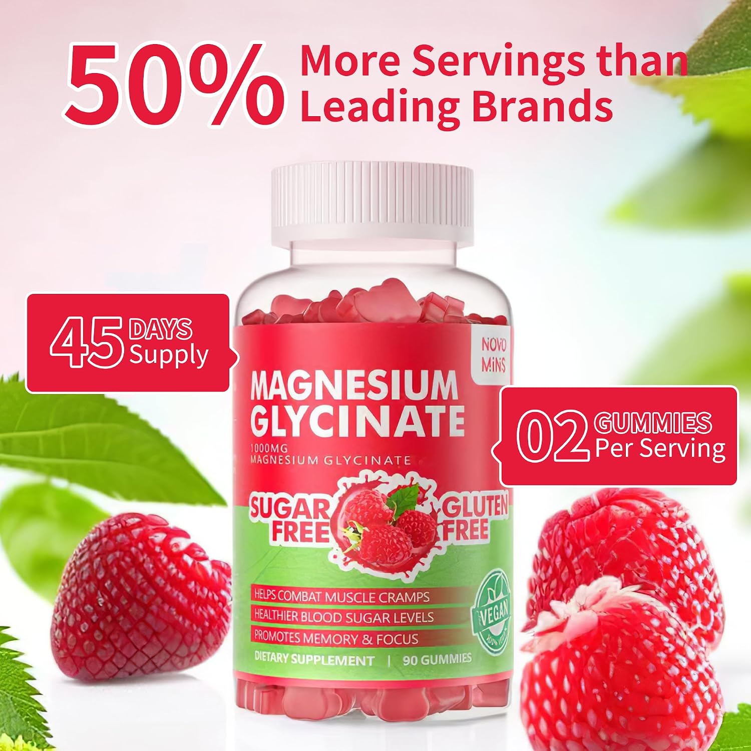 Gominolas de Magnesio Glicinato 1000mg - Sin Azúcar, con Vitamina D, B6 y CoQ10 - 90 Gominolas Sabor Frambuesa