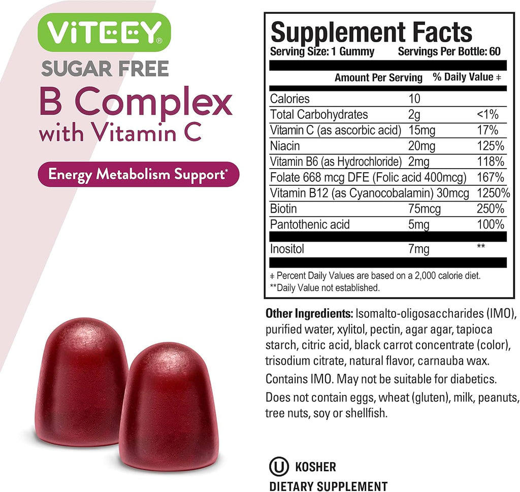 Viteey Gomitas de Complejo B con Vitamina C, Sin Azúcar | Energía, Metabolismo y Salud Nerviosa - B6, B12, Ácido Fólico, Biotina - Vegano, Sin Gelatina, Sin OMG - Sabor Fresa