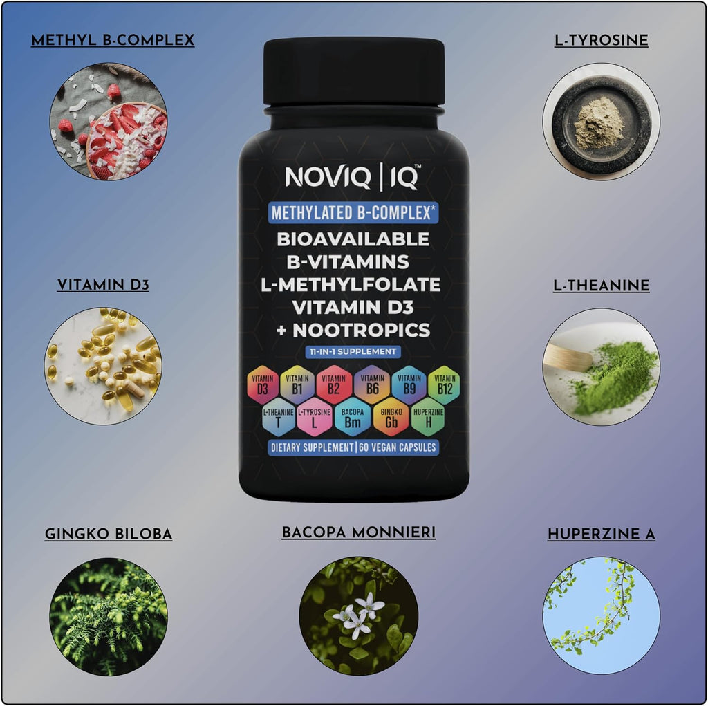 Complejo B Metilado 11-en-1: 680mcg L-Metilfolato (5-MTHF), Tiamina (B1), Riboflavina (B2), Piridoxal (B6), Metilcobalamina (B12) - Vitamina D3 + Nootrópicos - 1,100mg+ por ración - 60 Cápsulas