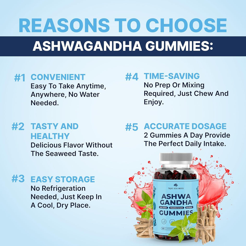 TrueSeaMoss Sea Moss Gummies con Ashwagandha, Bardana y Bladderwrack – 60 Gominolas