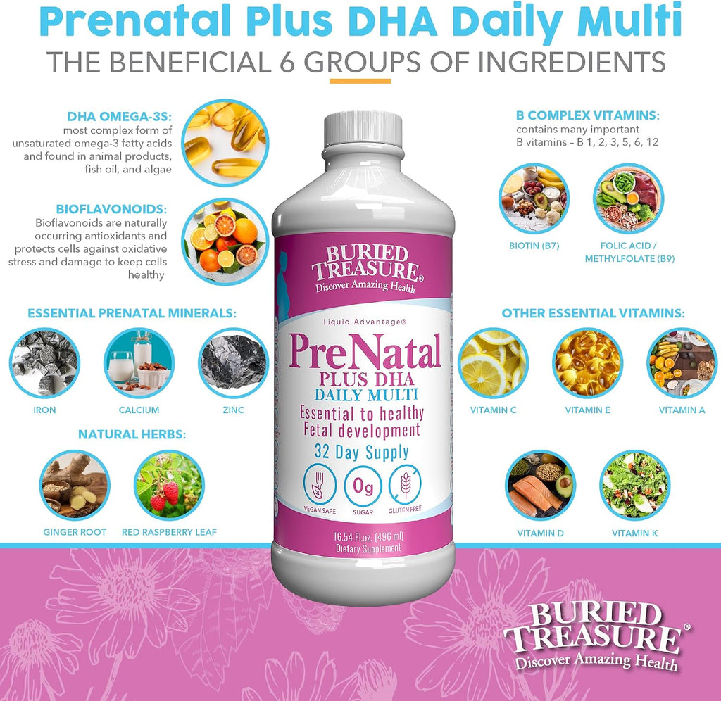 Buried Treasure Prenatal Plus DHA Complete - Liquid Prenatal Supplement with DHA and Iron