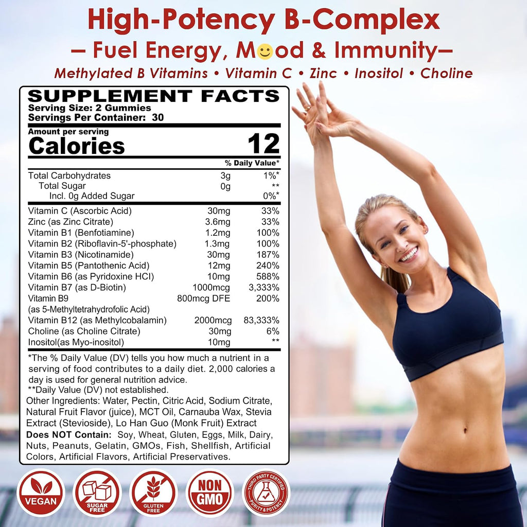 Complejo B Metilado en Gominolas 2 Pack - Vitamina B12 y Folato con B1, B2, B3, B5, Biotina, Vitamina C, Zinc, Colina e Inositol
