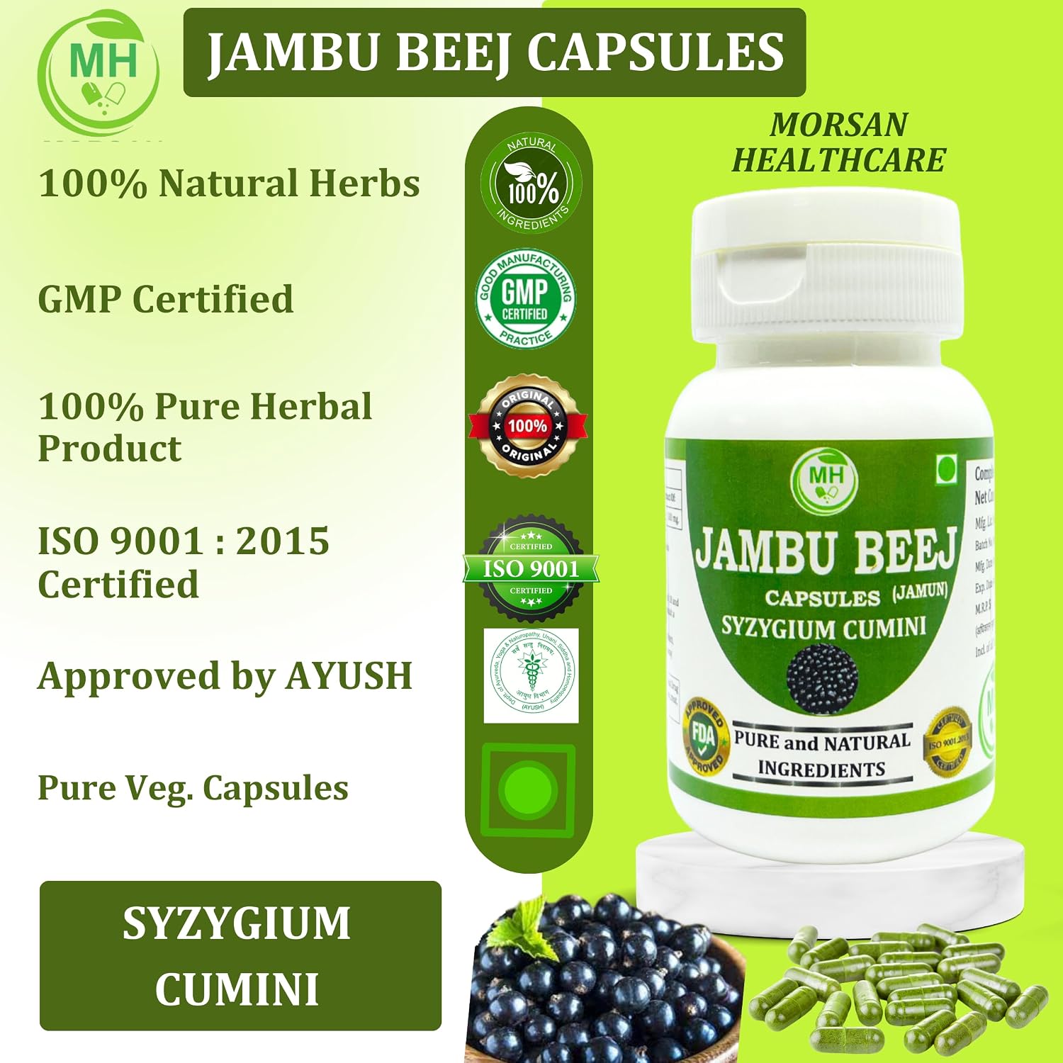 Morsan's Jambu Beej Cápsulas, Pack de 2 x 60 x 500 mg. Cápsulas Vegetales, Puras y Naturales