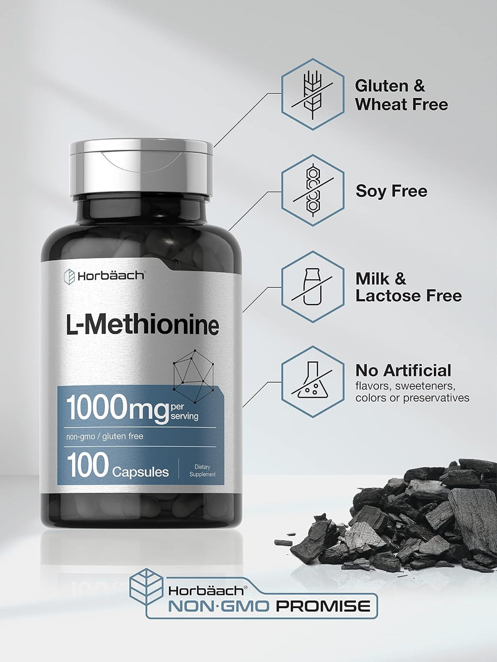 Horbäach L-Metionina 1000mg | 100 Cápsulas | No-GMO, Sin Gluten | Aminoácido Esencial