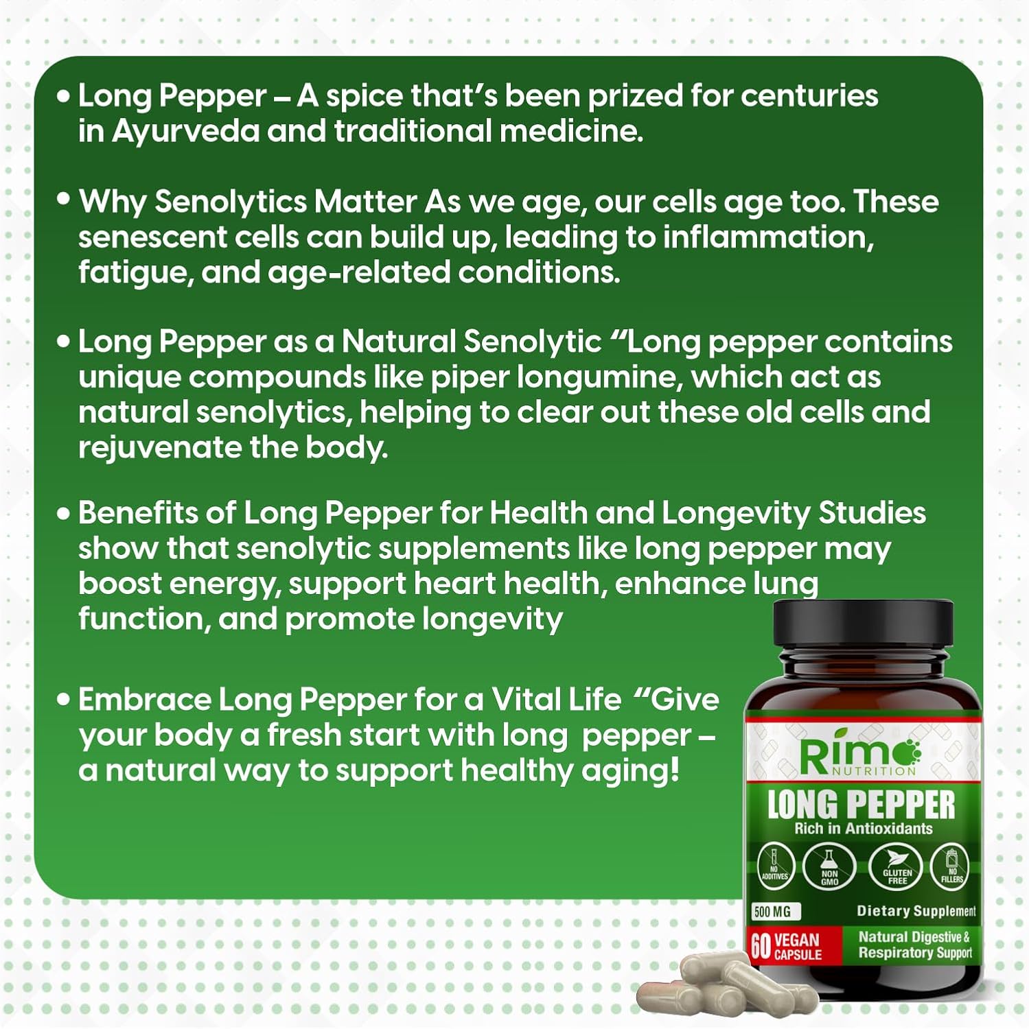Long Pepper (Pimienta Larga) 60 Cápsulas Veganas – Suplemento Natural con Piperlongumina (500 mg)