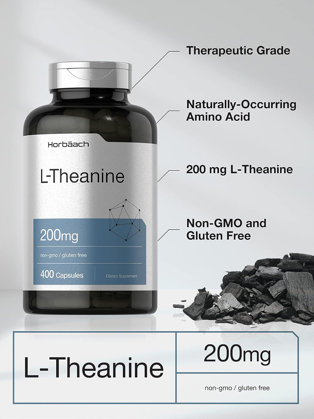 Horbäach L-Teanina | 200mg | 400 Cápsulas | Formato Económico | Sin OGM, Sin Gluten