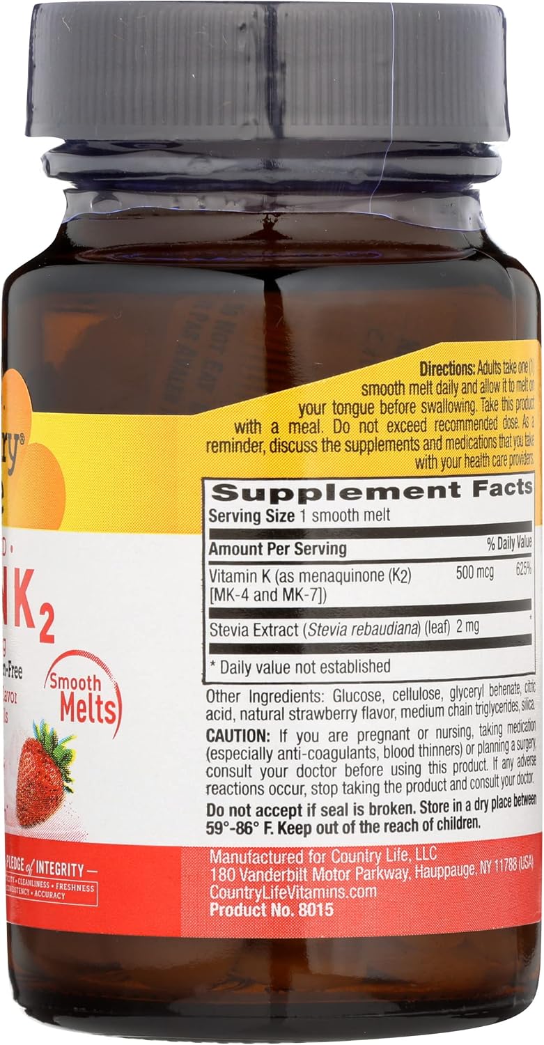 Country Life Vegan K2 Melts 500 mcg – 60 Comprimidos de Fusión Veganos