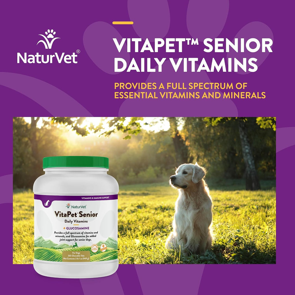 NaturVet VitaPet Senior Vitaminas Diarias para Perros Mayores con Glucosamina - 365 Comprimidos de Liberación Prolongada