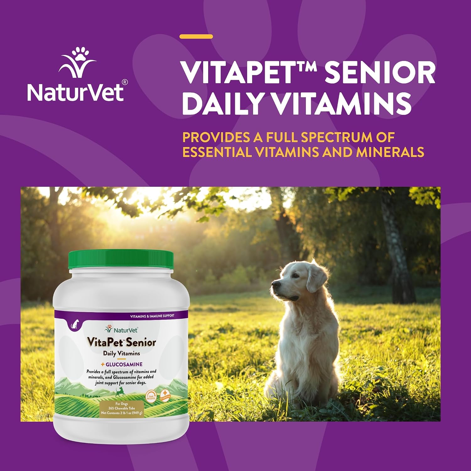 NaturVet VitaPet Senior Vitaminas Diarias para Perros Mayores con Glucosamina - 365 Comprimidos de Liberación Prolongada