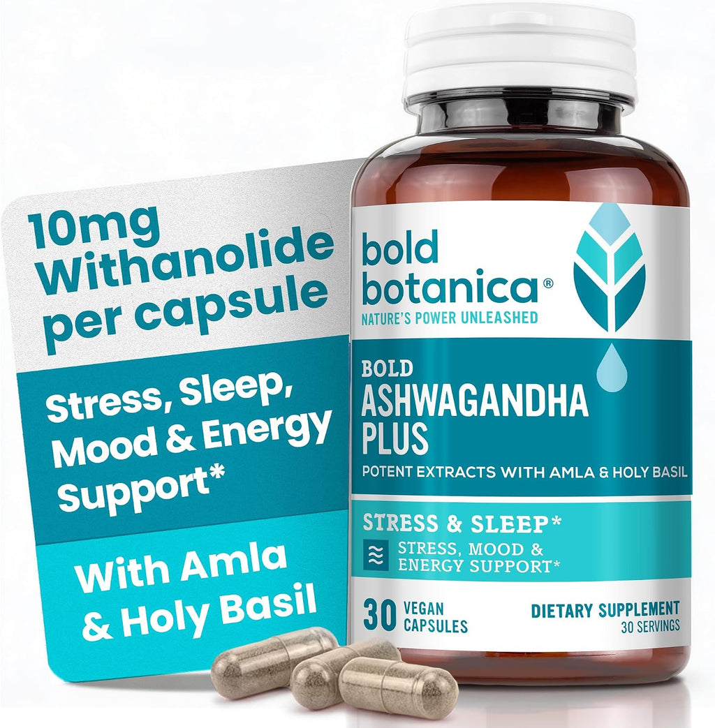 Bold Botanica Ashwagandha Plus – Suplemento de Ashwagandha con Amla y Albahaca Santa – 30 Cápsulas Veganas